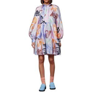 Stine Goya Jasmine Tulip Mini Dress Womens XS Purple Floral Long Sleeve Tiered